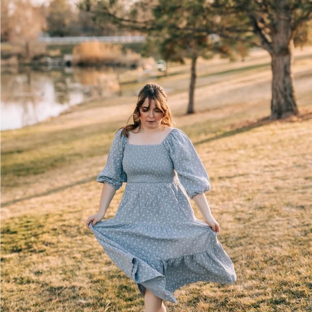 Elegant Cotton Blue Floral Dress
